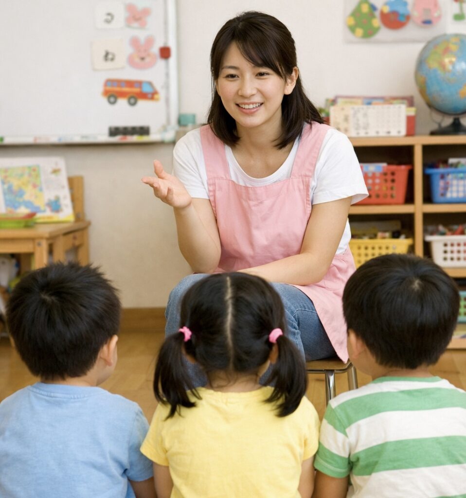 幼稚園で話を聞く子どもたちの様子